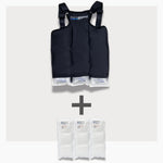 UnderCool 3 Double Pack Cooling Vest Bundle with 3 ExtendedCool Cooling Packs in the XXS black garment and 3 spare ExtendedCool Cooling packs on a white background. 