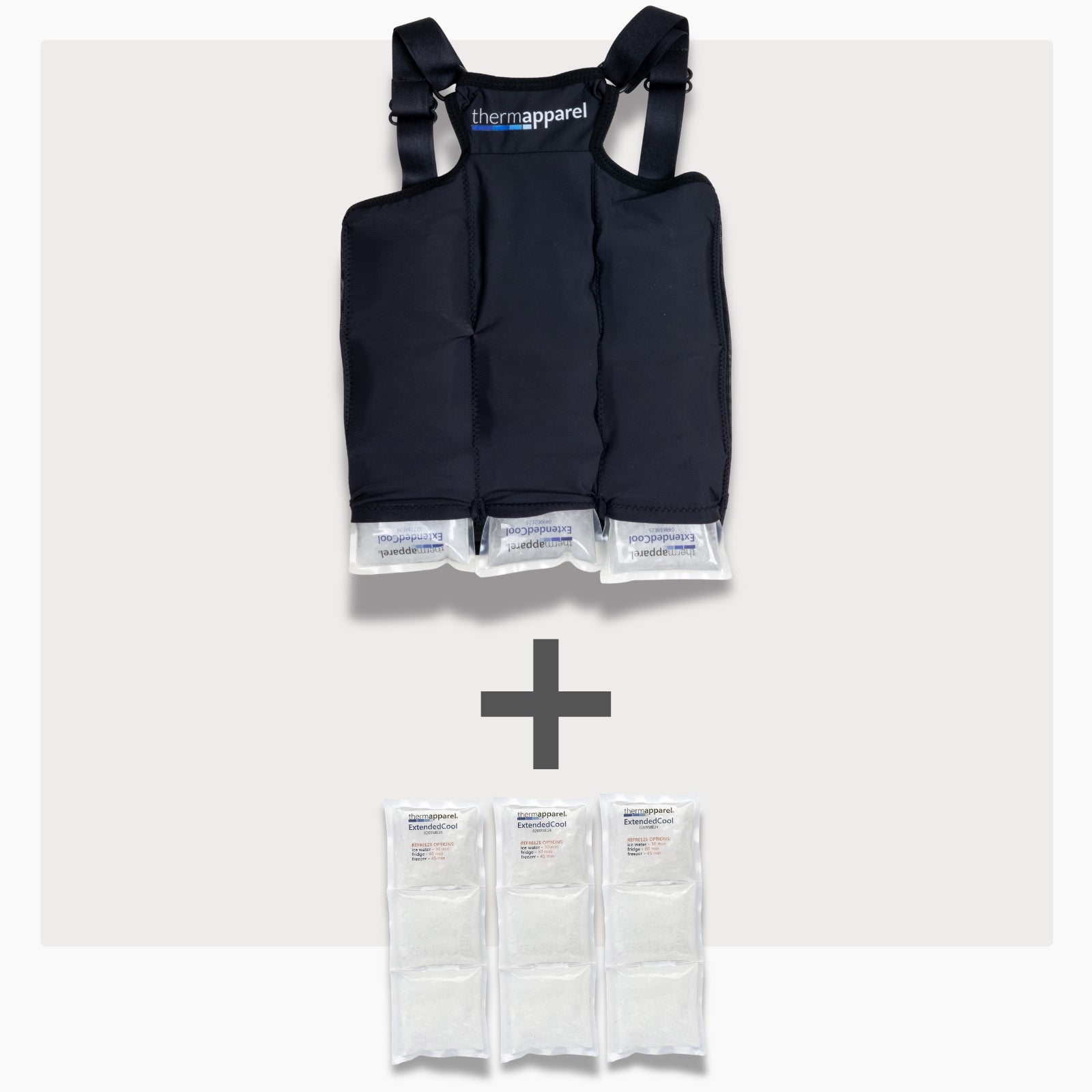 UnderCool 3 Double Pack Cooling Vest Bundle with 3 ExtendedCool Cooling Packs in the XXS black garment and 3 spare ExtendedCool Cooling packs on a white background. 