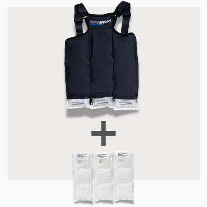 UnderCool 3 Double Pack Cooling Vest Bundle with 3 ExtendedCool Cooling Packs in the XXS black garment and 3 spare ExtendedCool Cooling packs on a white background. 