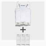 UnderCool 3 Double Pack Cooling Vest Bundle with 3 ExtendedCool Cooling Packs in the XXS White garment and 3 spare ExtendedCool Cooling packs on a white background. 