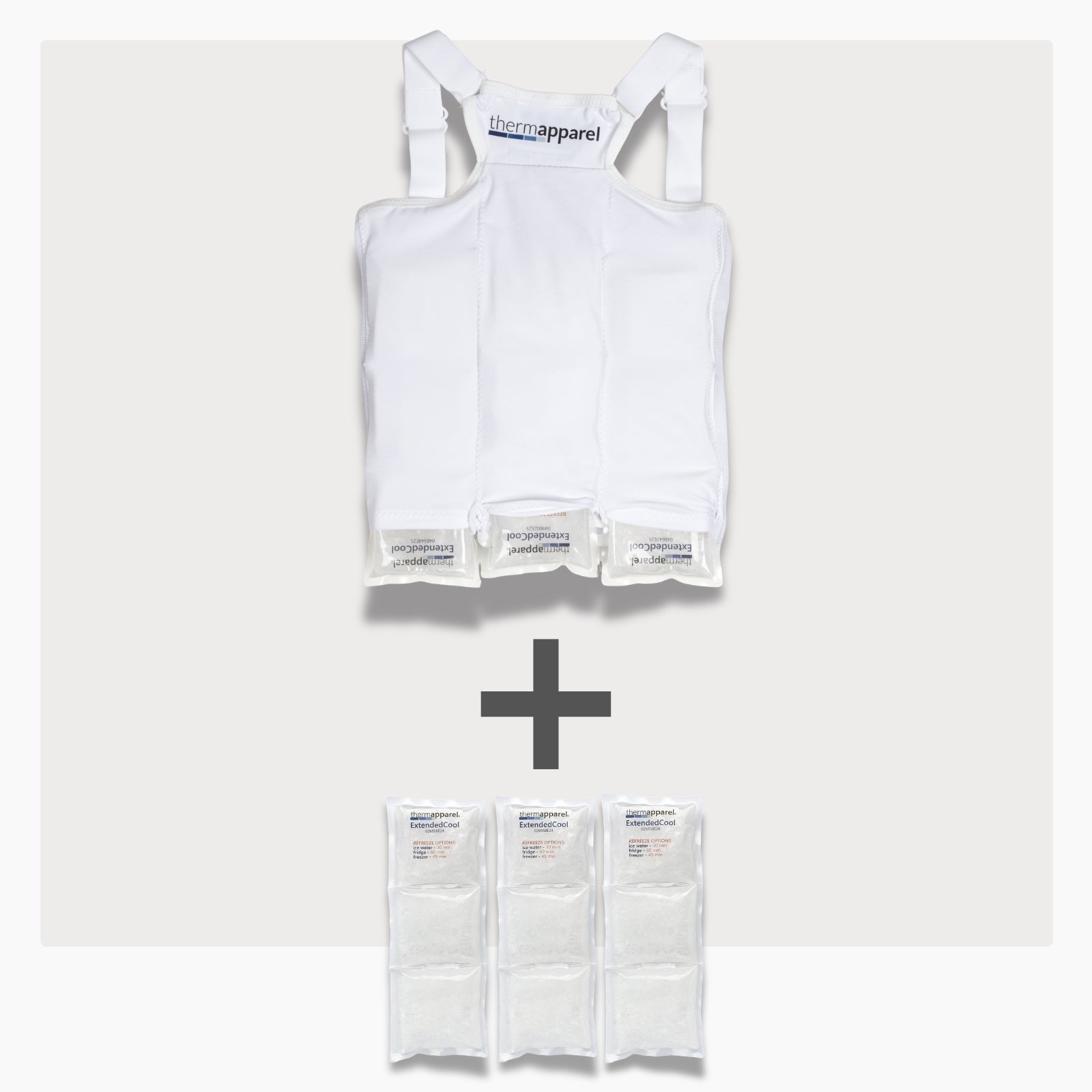 UnderCool 3 Double Pack Cooling Vest Bundle with 3 ExtendedCool Cooling Packs in the XXS White garment and 3 spare ExtendedCool Cooling packs on a white background. 