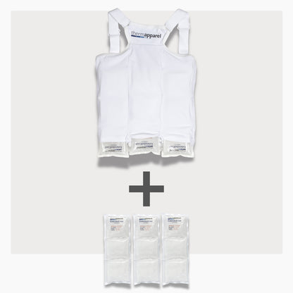 UnderCool 3 Double Pack Cooling Vest Bundle with 3 ExtendedCool Cooling Packs in the XXS White garment and 3 spare ExtendedCool Cooling packs on a white background. 