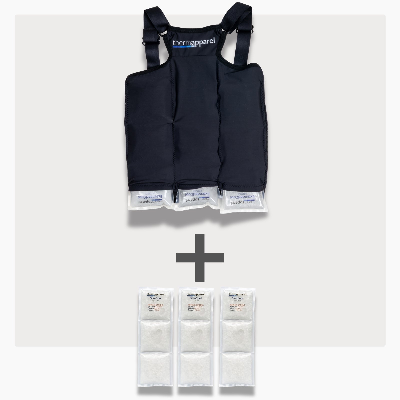 UnderCool 3 Double Pack Cooling Vest Bundle with 3 ExtendedCool Cooling Packs in the XXS black garment and 3 spare SlimCool Cooling packs on a white background. 