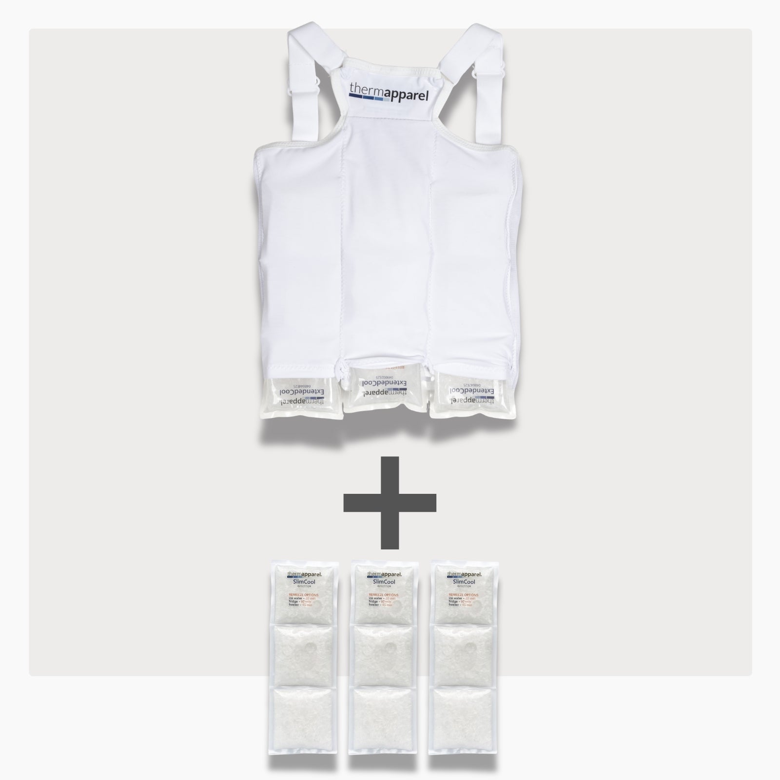 UnderCool 3 Double Pack Cooling Vest Bundle with 3 ExtendedCool Cooling Packs in the XXS White garment and 3 spare SlimCool Cooling packs on a white background. 