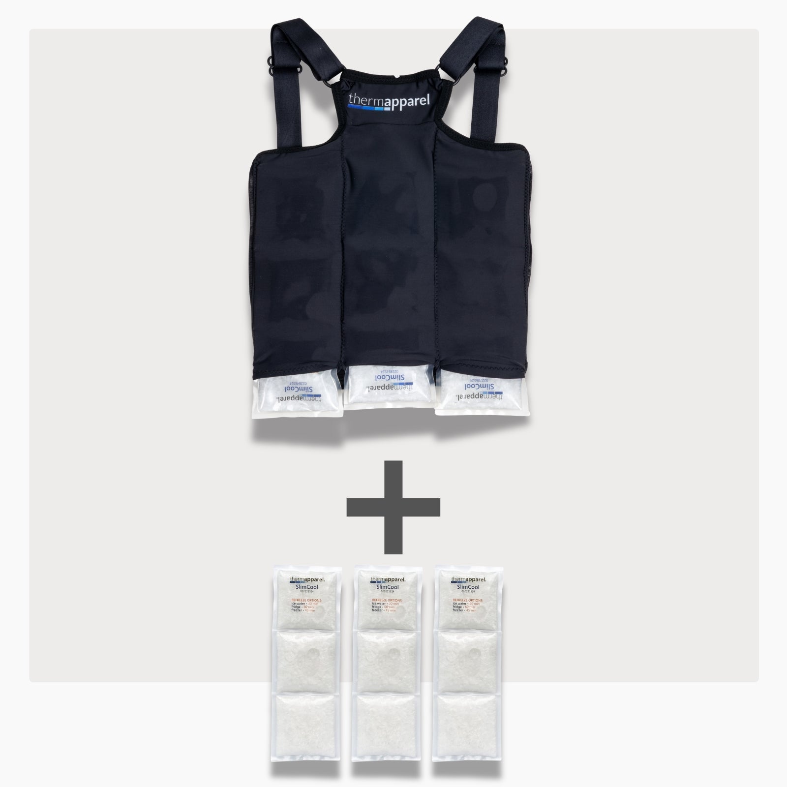 UnderCool 3 Double Pack Cooling Vest Bundle with 3 SlimCool Cooling Packs in the XXS White garment and 3 spare SlimCool Cooling packs on a white background. 