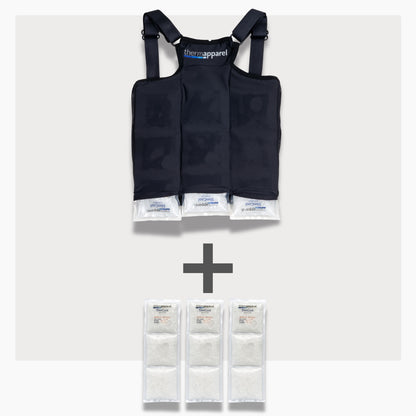 UnderCool 3 Double Pack Cooling Vest Bundle with 3 SlimCool Cooling Packs in the XXS White garment and 3 spare SlimCool Cooling packs on a white background. 