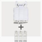 UnderCool 3 Double Pack Cooling Vest Bundle with 3 SlimCool Cooling Packs in the XXS White garment and 3 spare SlimCool Cooling packs on a white background. 