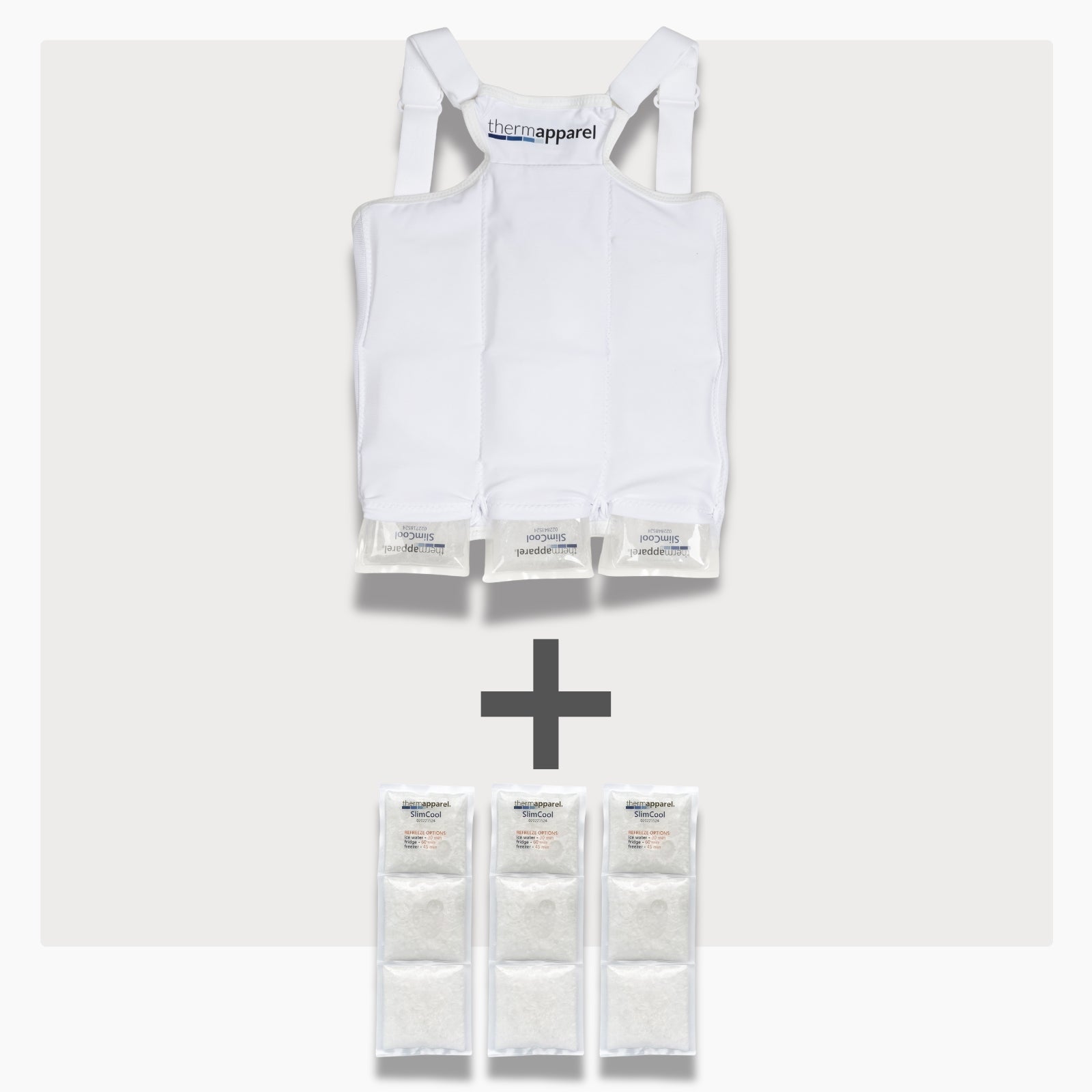 UnderCool 3 Double Pack Cooling Vest Bundle with 3 SlimCool Cooling Packs in the XXS White garment and 3 spare SlimCool Cooling packs on a white background. 
