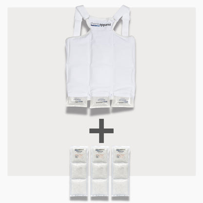UnderCool 3 Double Pack Cooling Vest Bundle with 3 SlimCool Cooling Packs in the XXS White garment and 3 spare SlimCool Cooling packs on a white background. 