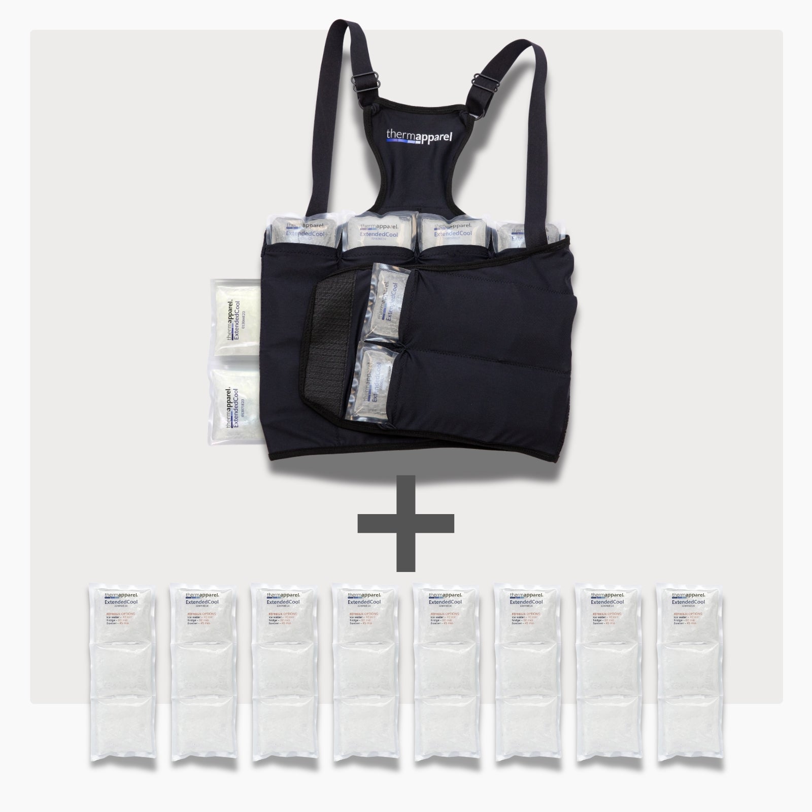 UltraCool Double Pack Cooling Vest Bundle with 8 ExtendedCool Cooling Packs in the M/L Black garment and 8 spare ExtendedCool Cooling packs on a white background. 