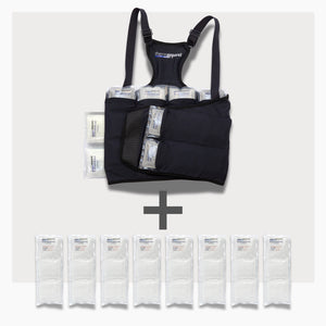 UltraCool Double Pack Cooling Vest Bundle with 8 ExtendedCool Cooling Packs in the M/L Black garment and 8 spare ExtendedCool Cooling packs on a white background. 