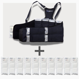UltraCool Double Pack Cooling Vest Bundle with 10 ExtendedCool Cooling Packs in the XL/XXL Black garment and 10 spare ExtendedCool Cooling packs on a white background. 