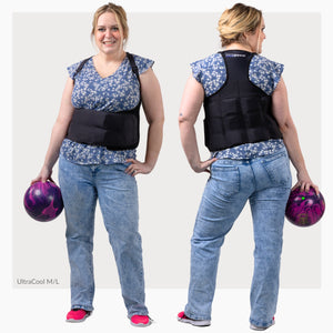 Woman wearing a black ThermApparel UltraCool M/L Cooling vest, holding a bowling ball, showing front and back views on a white background