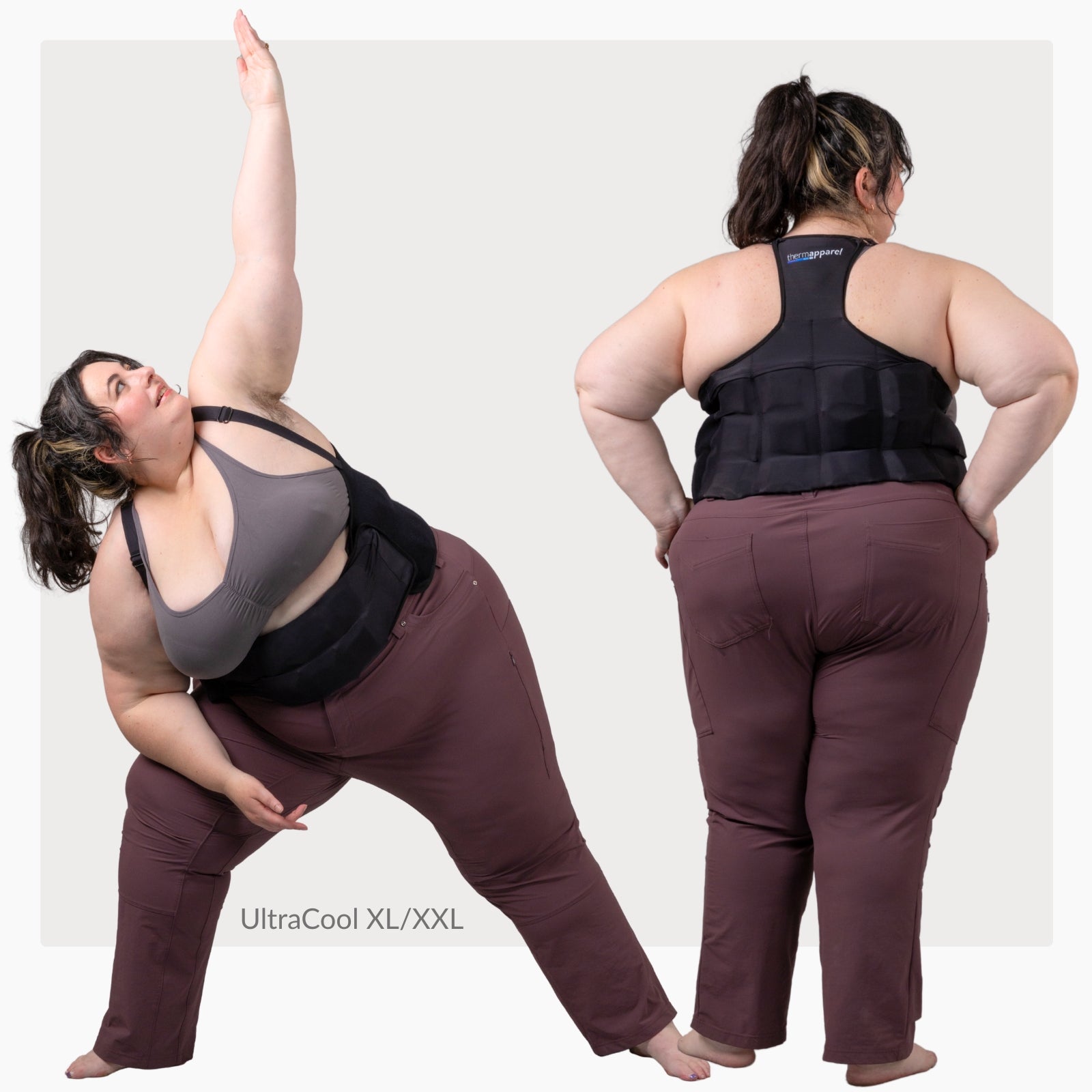 Woman wearing a ThermApparel UltraCool XL/XXL and maroon pants doing yoga poses to show how flexible the UltraCool is on a white background