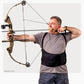 Man wearing a ThermApparel UltraCool M/L Cooling Vest holding a compound bow on a white background