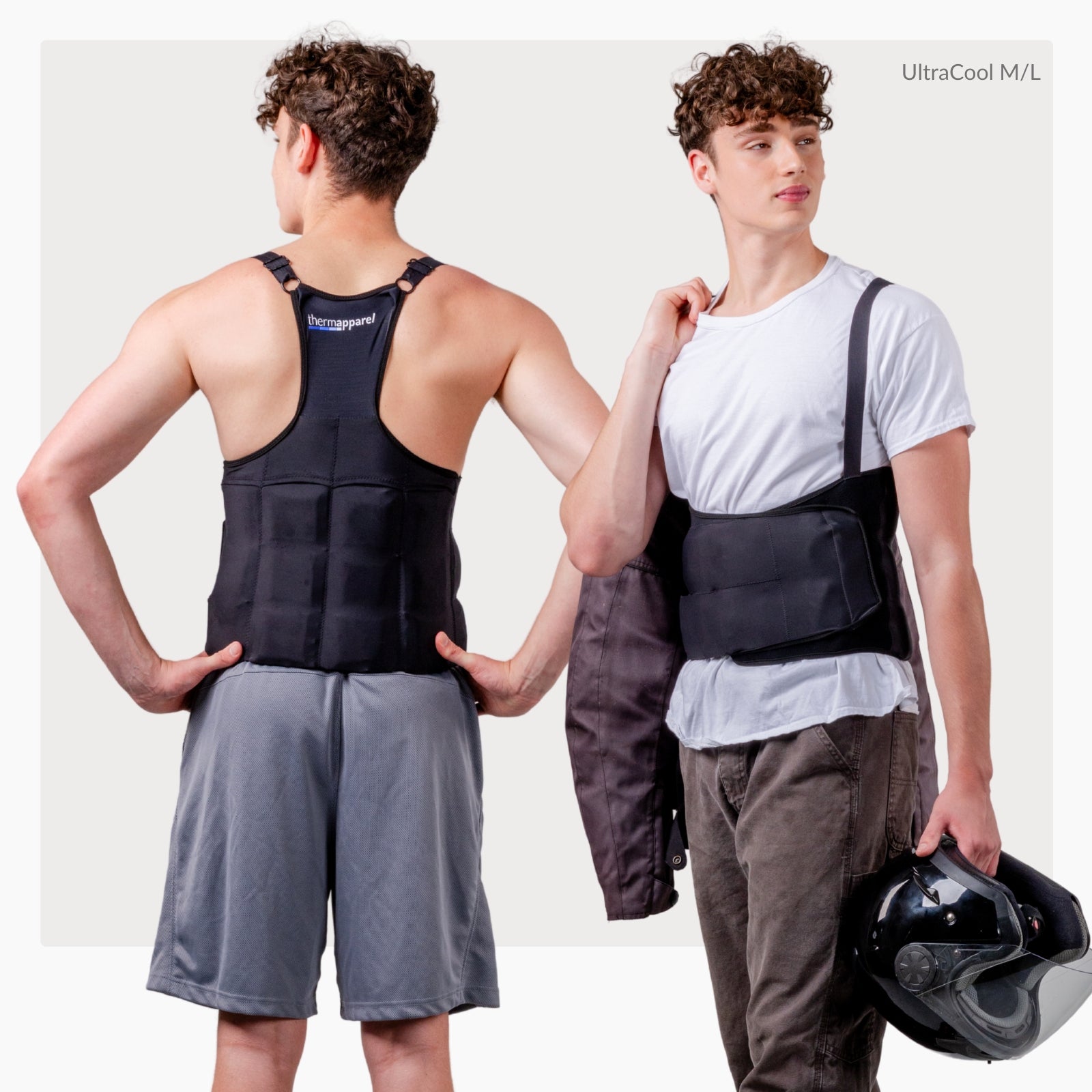 Man wearing a black ThermApparel UltraCool M/L cooling vest  shown from front and back and holding a motorcycle jacket and helmet