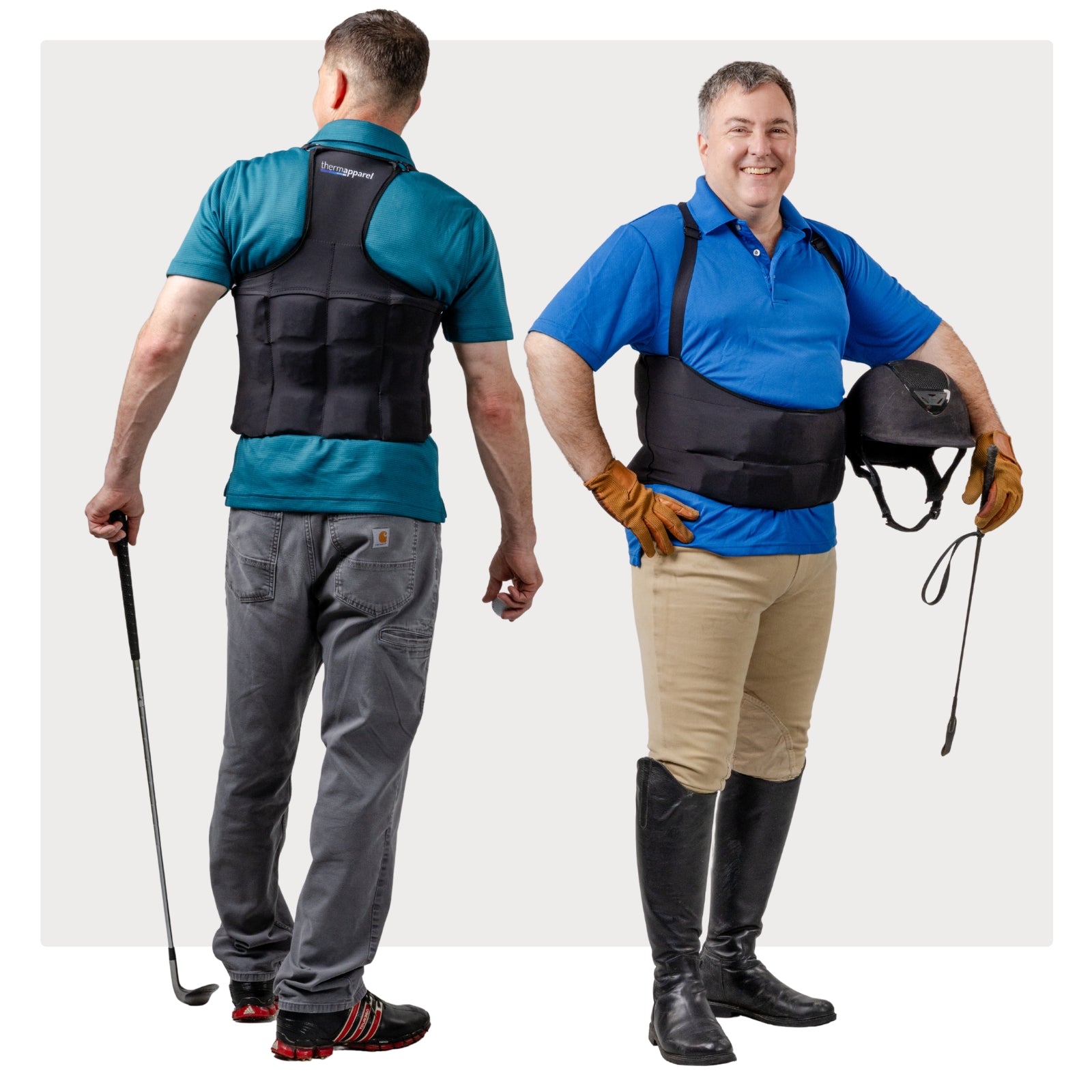 2 males wearing a ThermApparel UltraCool size M/L. One is holding a golf club, the other is in riding equestrian gear. They are standing on a  white background