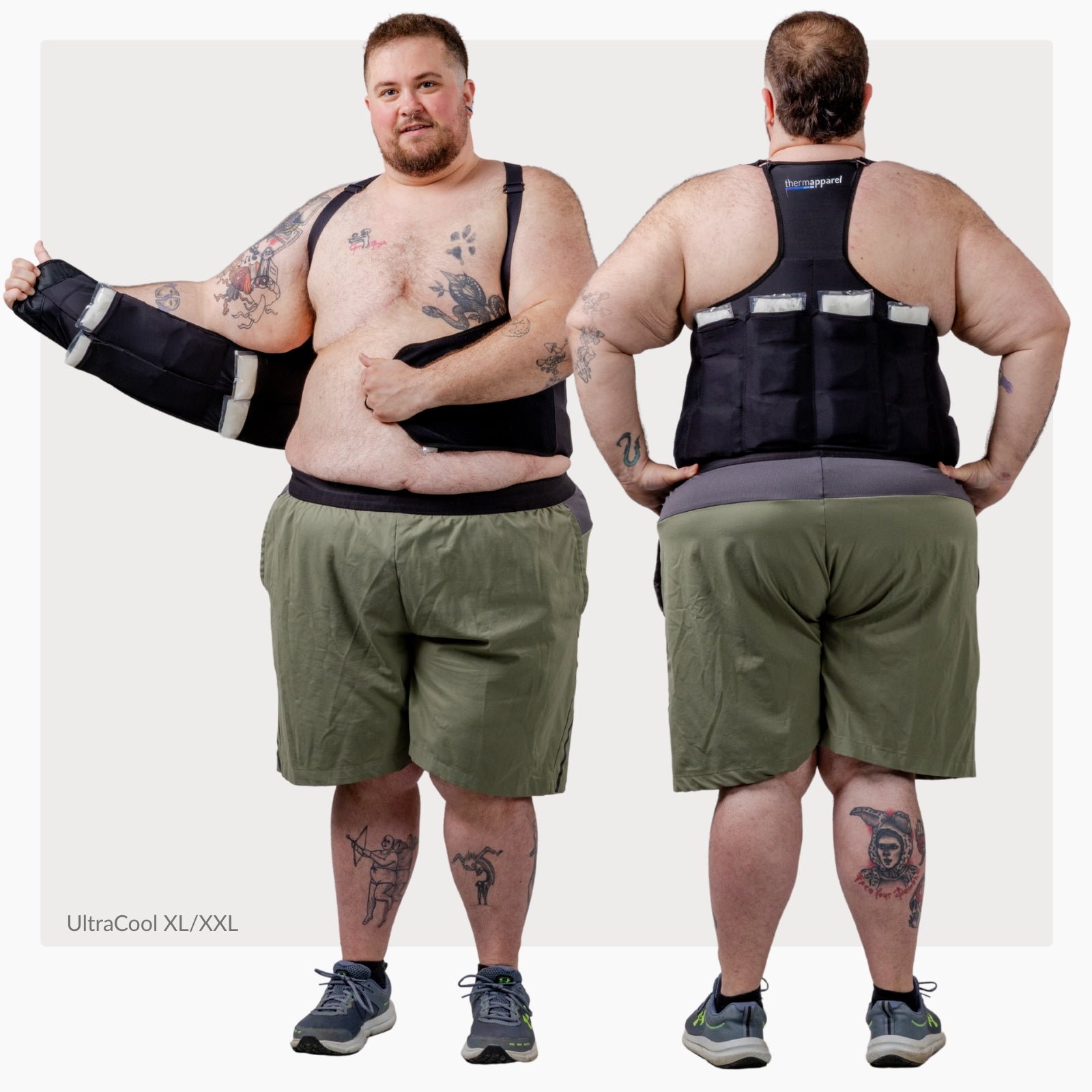 A man wearing a black ThermApparel UltraCool XL/XXL cooling vest with front and back views showing the cooling packs.