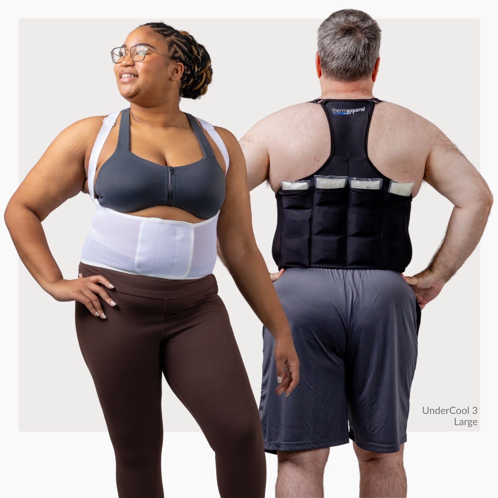A woman wearing a white ThermApparel UnderCool 3 and a man wearing a black ThermApparel UnderCool 3 showing the cooling packs on a white background