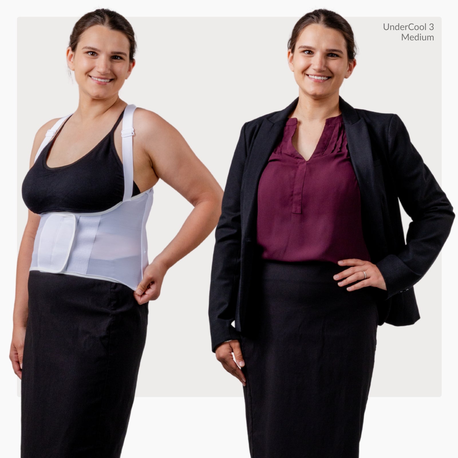 Woman wearing a ThermApparel UnderCool 3 size medium next to a woman in formal attire  showing how invisible the UnderCool 3 is under clothing on a white background