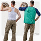 A men wearing a ThermApparel UnderCool 3 cooling vests showing what it looks like with and without a t-shirt on a white background