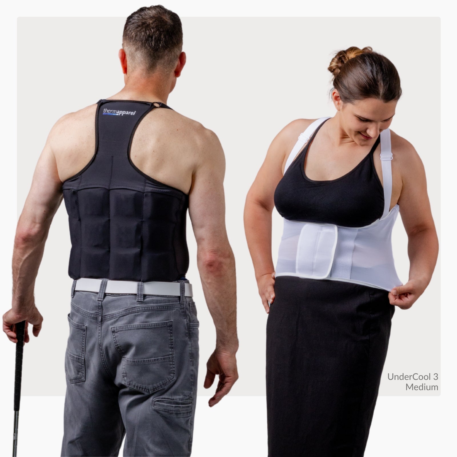 A man wearing a black ThermApparel UnderCool 3 cooling vest and a woman wearing a white ThermApparel Undercool 3 cooling vest on a white background 