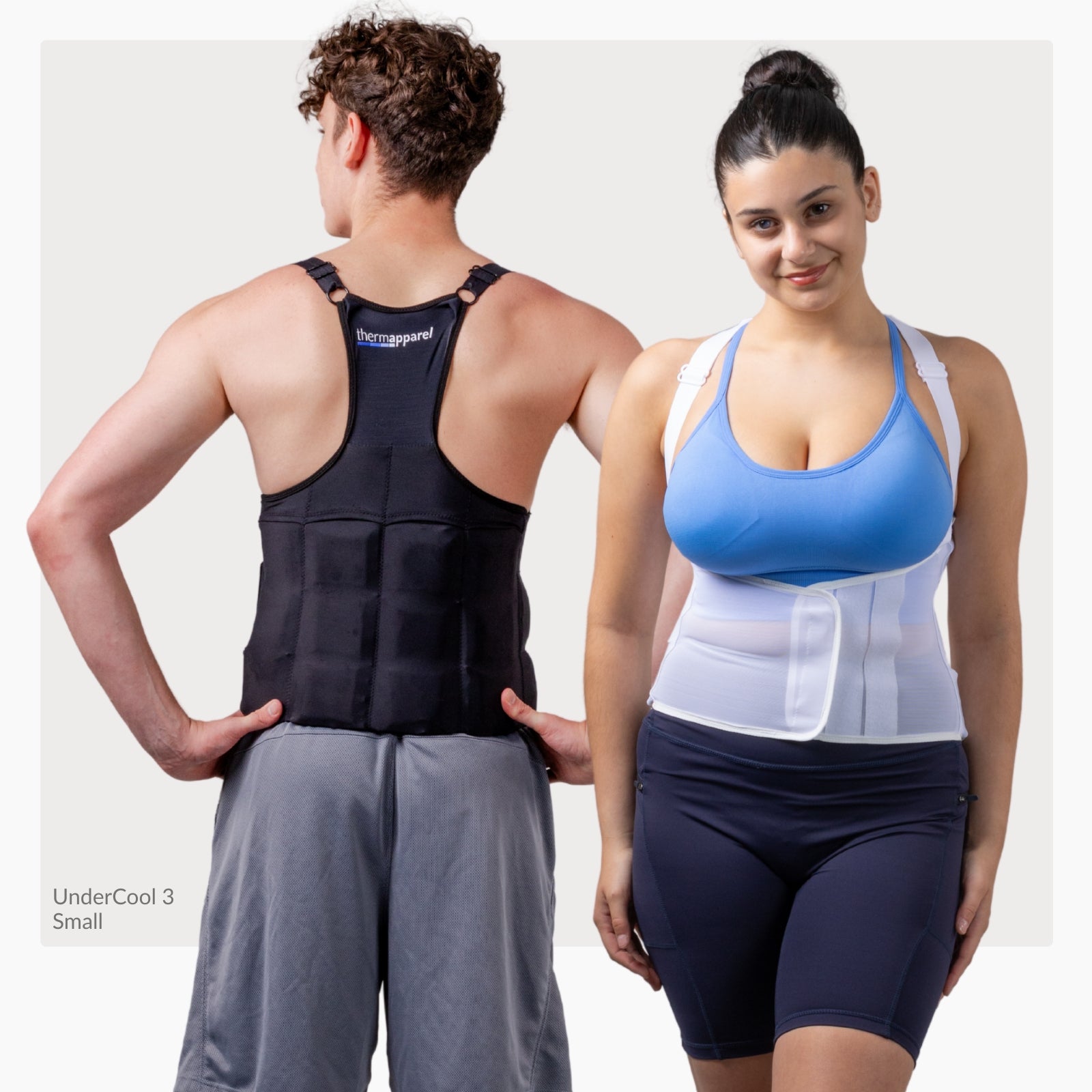 A man wearing a black ThermApparel UnderCool 3 Cooling Vest showing the back and a woman wearing a ThermApparel UnderCool 3 cooling vest showing the front on a white background