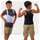 A child wearing a black ThermApparel UnderCool 3, showing the back, and a child wearing a white ThermApparel UnderCool 3 cooling vest, showing the front on a white background. 