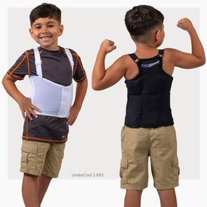 A child wearing a black ThermApparel UnderCool 3, showing the back, and a child wearing a white ThermApparel UnderCool 3 cooling vest, showing the front on a white background. 