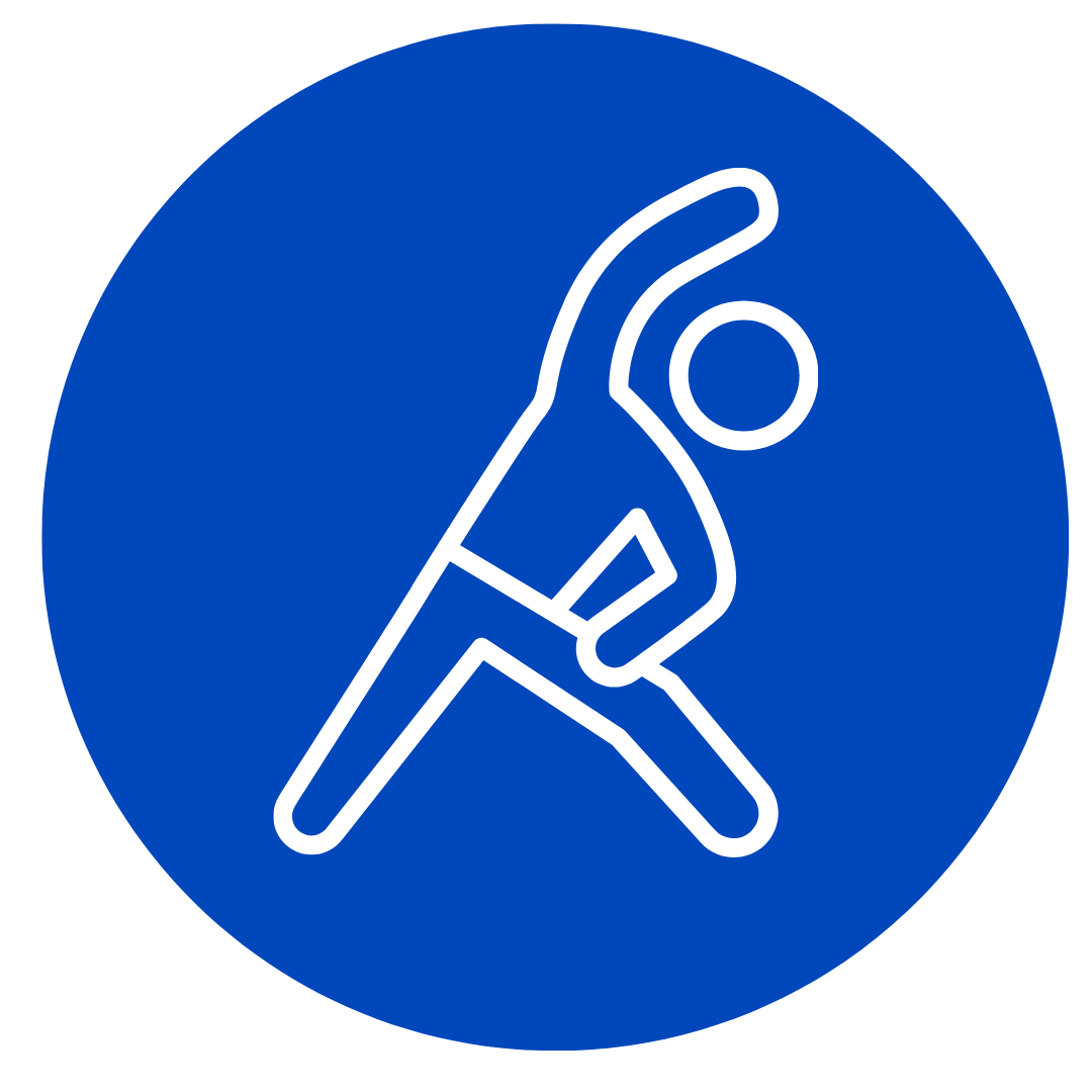 Blue icon of a person doing yoga showing flexibility 